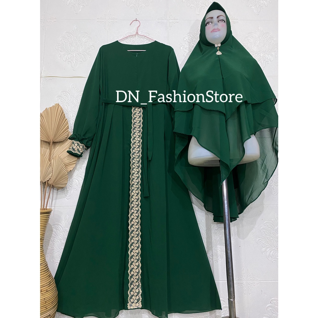 Gamis Syari Ceruty Babydoll Variasi Renda Tengah dan Tangan / Resleting Depan Tangan Kancing mix Rempel