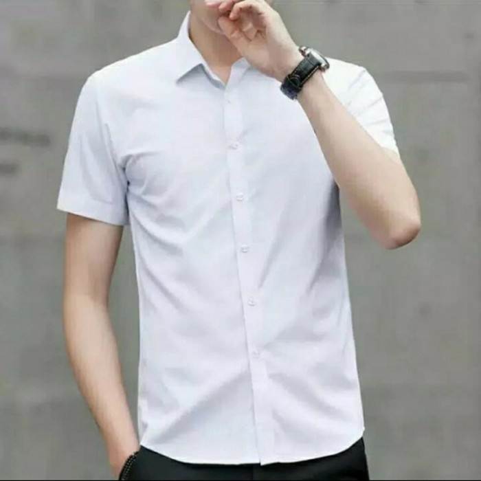 kemeja baju kemeja lengan pendek pria slimfit putih polos - Putih, M(Y6Z8) Kemeja Pria Casual Kemeja