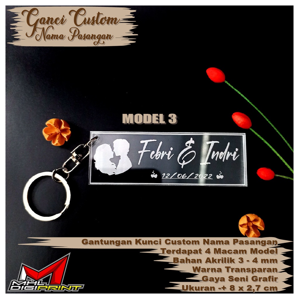 GANTUNGAN KUNCI AKRILIK CUSTOM NAMA PASANGAN - SOUVENIR PERNIKAHAN - GANCI WEDDING - SEHARI JADI - TANPA MINIMAL ORDER - GANTUNGAN KUNCI AKRILIK CUSTOM