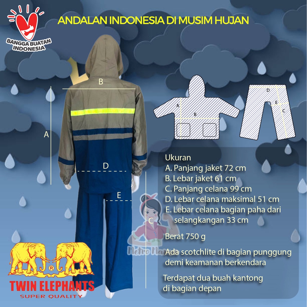 Jas hujan Setelan Jaket Celana KOMBINASI A Skotlet TWIN ELEPHANT &amp; IBEX ORIGINAL mantel raincoat tebal murah