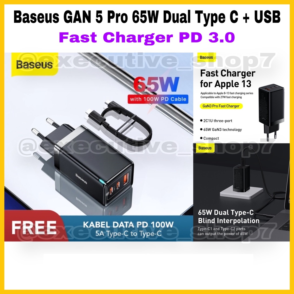 Baseus GAN 5 Pro 65W Dual Type C + USB - Fast Charger PD 3.0