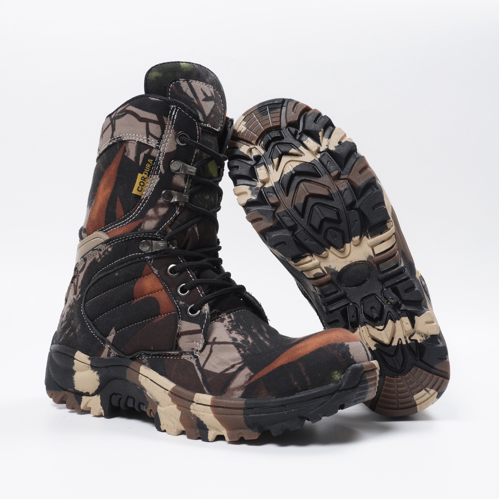 Sepatu Boots Ujung Besi Safety CAMO Loreng High /Low Sepatu Berburu Hutan Naik Gunung Mantap Murah