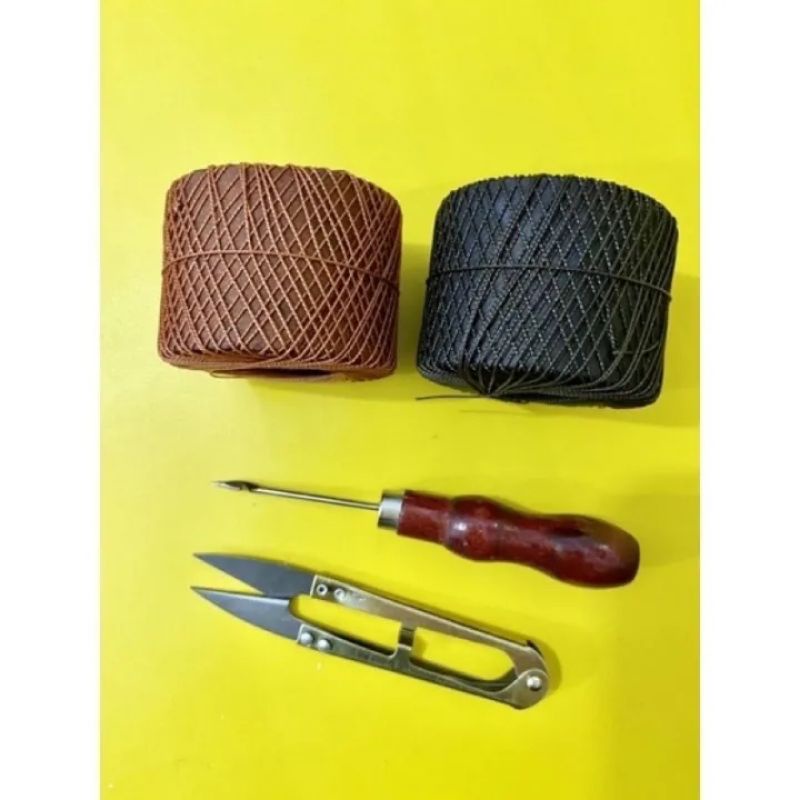 PAKET MURAH - TALI BENANG NILON SEPATU WARNA COKLAT DAN HITAM + JARUM SOL + GUNTING BENANG