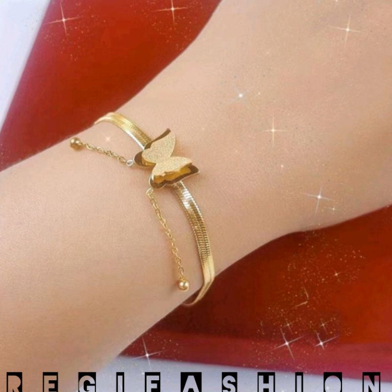 { COD } Gelang Titanium Gepeng Kupu-Kupu Jurai Emas 18K Gelang Wanita Kekinian Anti Karat Tidak Luntur