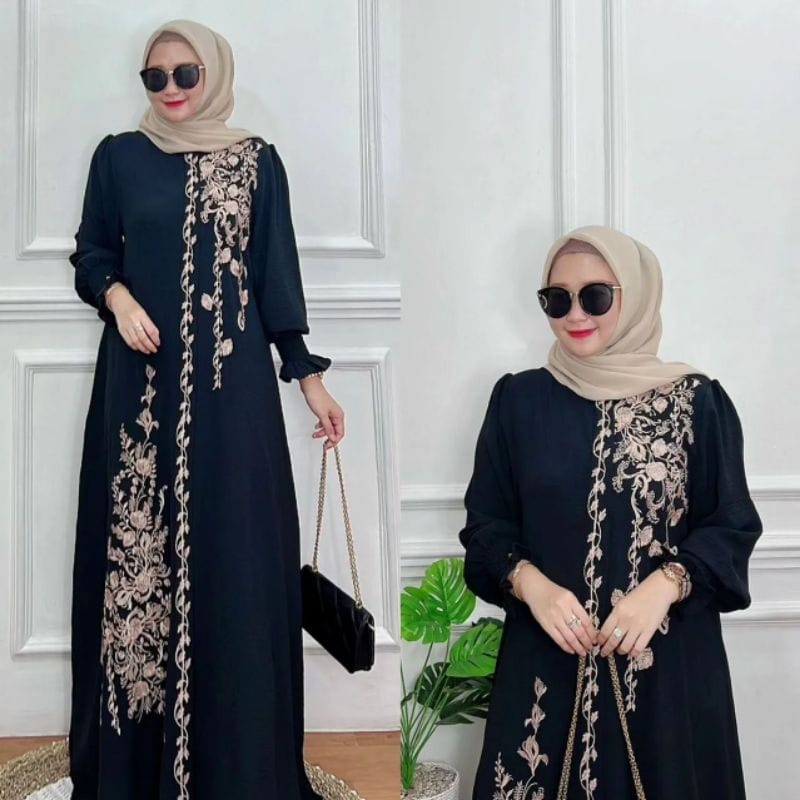 Baju Wanita Gamis Crinkle AirFlow Aksen Bordir Naysila Dress Kondangan Busui Friendly Gaun Pesta Muslimah Outfit Wanita Kekinian