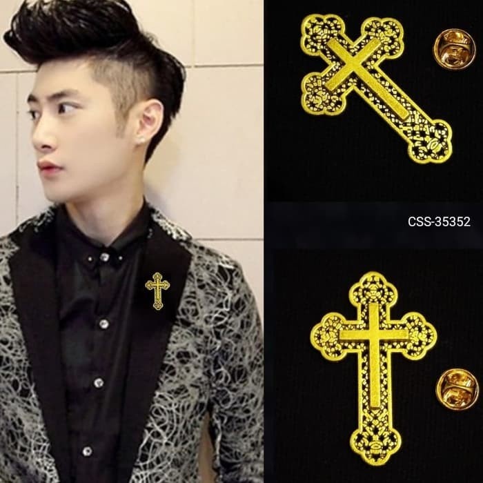 Metal Gold Cross Pin Bros Jas Kameja Tuxedo Mens Pria Classic Salib