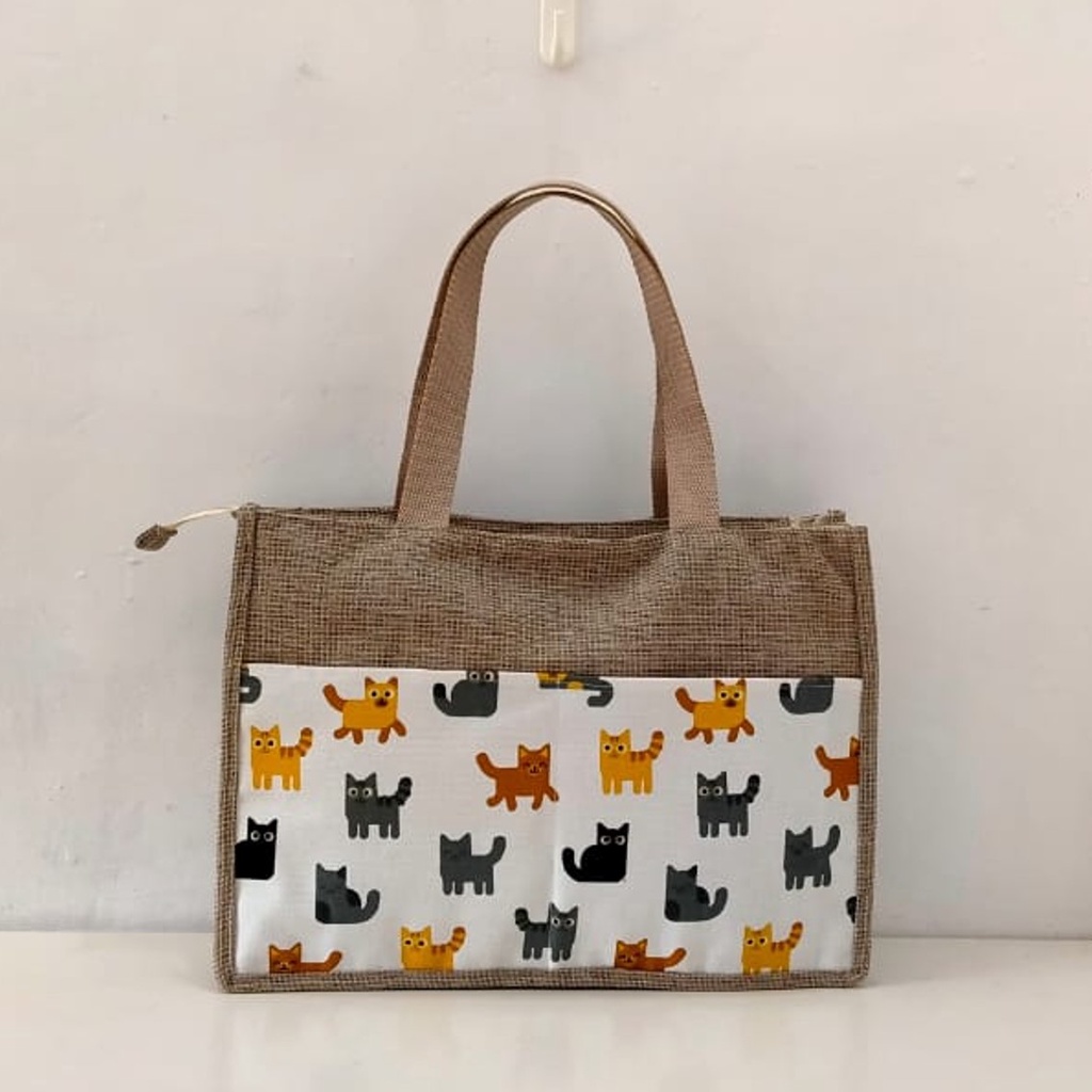 TAS KANVAS TAS GONI SINTETIS KOMBINASI KANVAS MOTIF KUCING PUTIH. RIENS COLLECTIONS