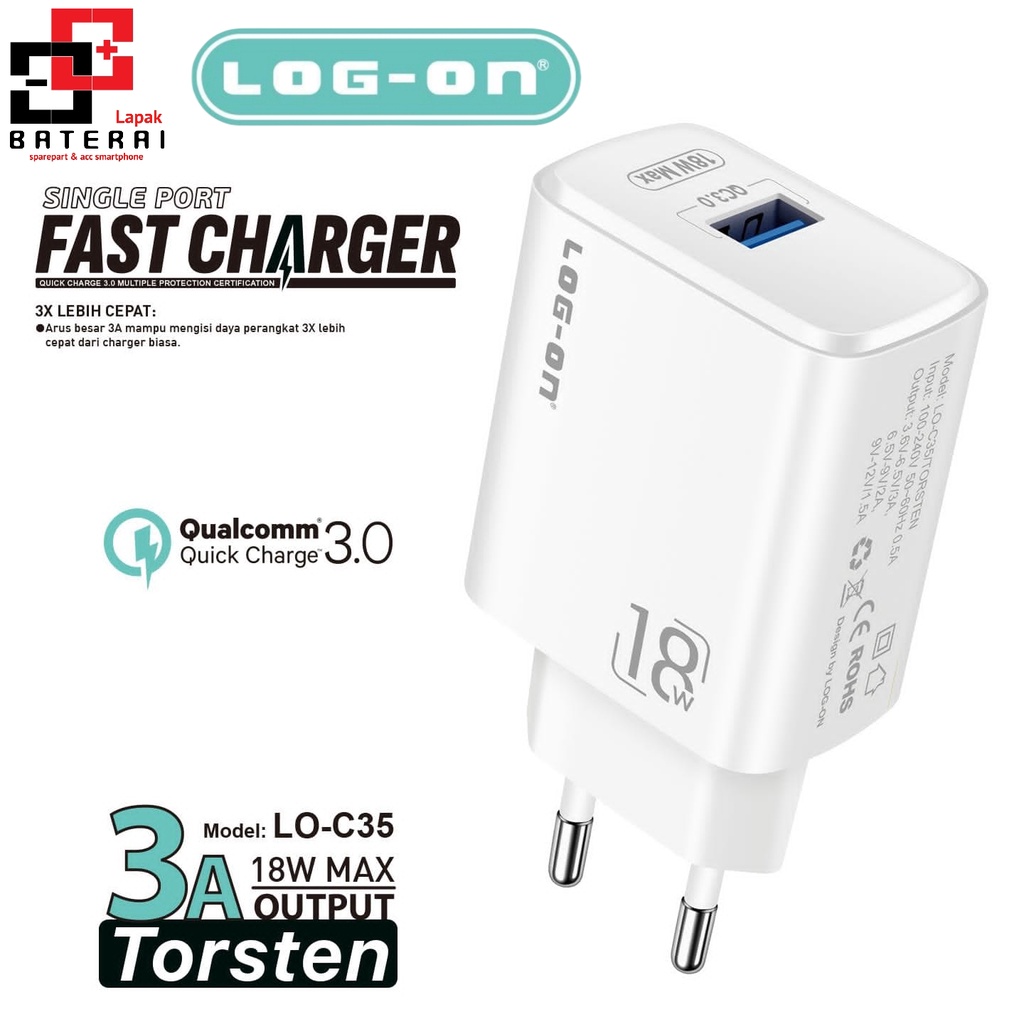 LOG - ON C35 Torsen Batok Charger 18W Fast Charger 3A | Adaptor Charger Qualcomm Quick Charger 3.0 | Kepala Casan