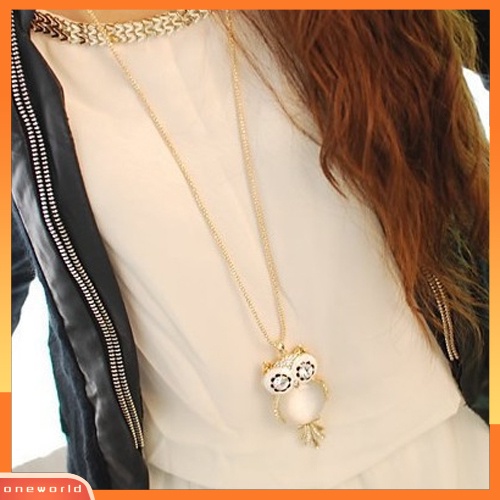 {oneworld} Wanita Berlian Imitasi Mengkilap Lucu Burung Hantu Panjang Rantai Liontin Sweater Kalung Perhiasan