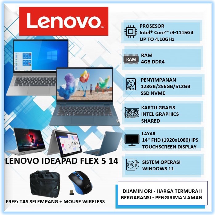 Laptop Tablet Touchscreen Lipat 2 IN 1 Lenovo Ideapad Flex 5 14 Intel Core i3 Ram 4GB SSD 128GB 256G