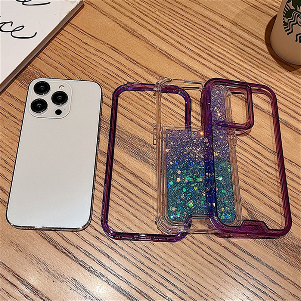 IPHONE Casing Ponsel 3in1 Sequin Gradasi Glitter Bening Untuk Iphone11 12 13 14 Pro Max7 +8 14 Plus12 13 Casing Mini X XR XS Max Sparkling Shockproof