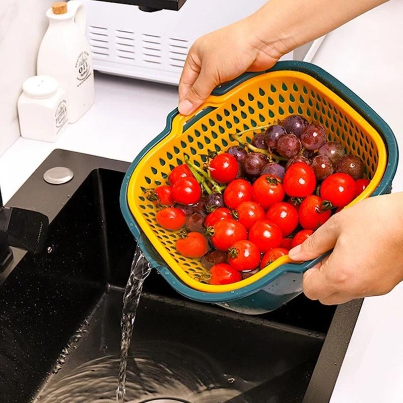 Keranjang Buah Sayur Double Flayer Mini / Keranjang Cuci &amp; Pengering Sayuran Buah 2in1