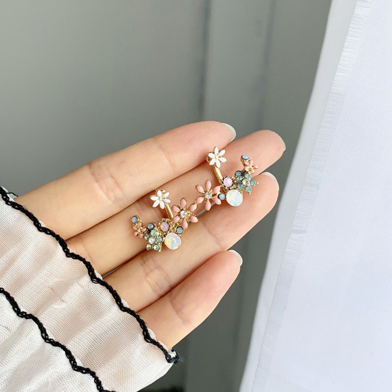 Korea Hot Fashion Perhiasan Segar Lucu Kait Drop Oil Flower Stud Earrings Anting Kristal Untuk Wanita