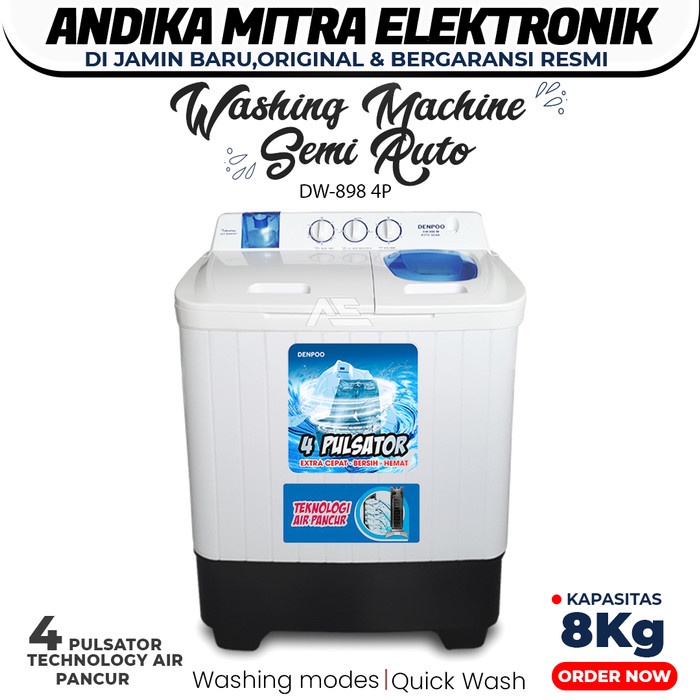 ✿ BISA COD✿ DENPOO MESIN CUCI DW 8907 4P 8KG 2 TABUNG - PUTIH DW 898