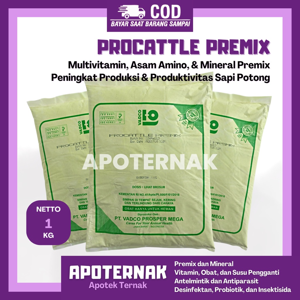 PROCATTLE PREMIX 1 kg | Meningkatkan Produksi dan Produktivitas Sapi Potong | Multivitamin, Asam Amino, Mineral | VADCO