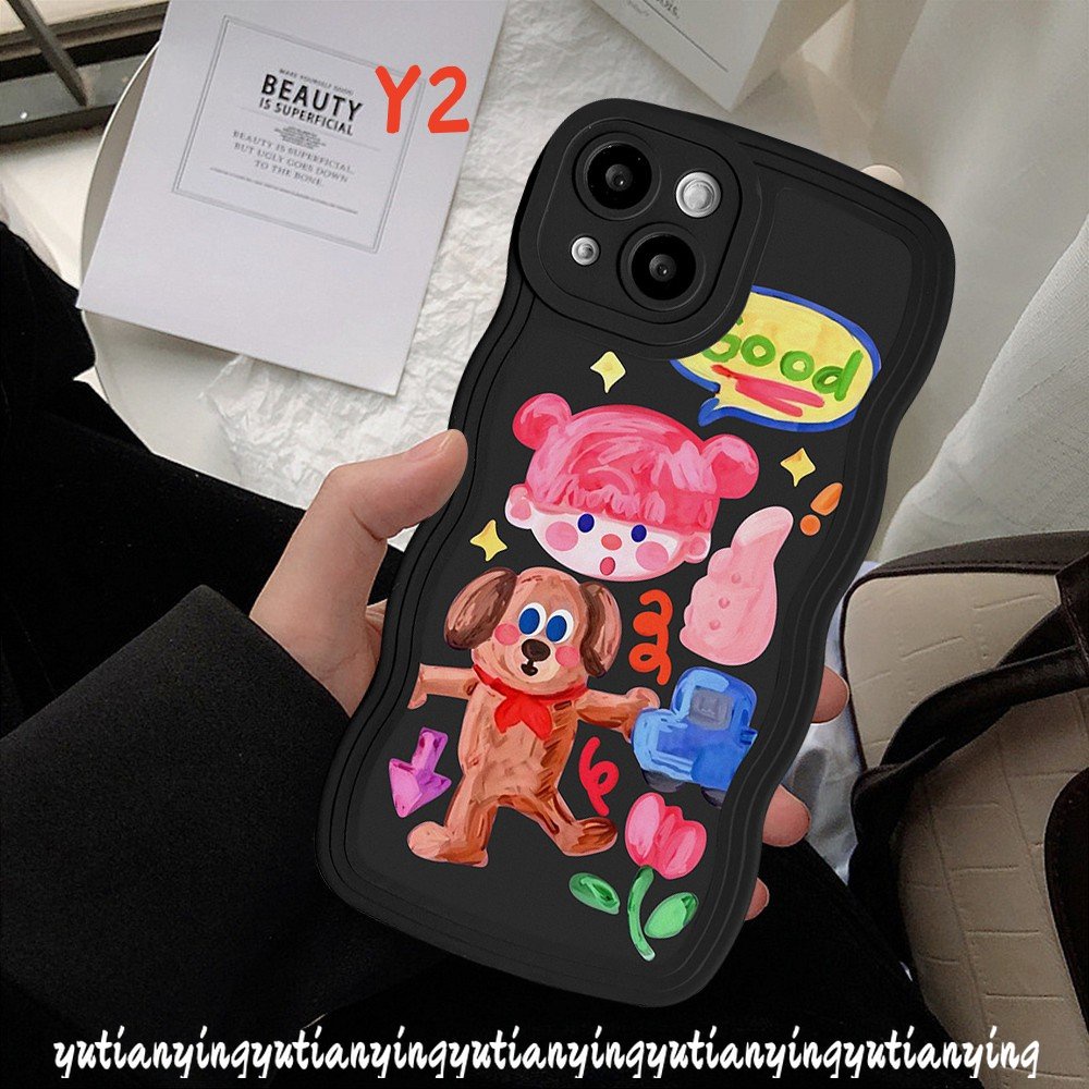 Oppo A12 A16 A57 A17K A17 A55 A96 A54 A15 A77 A5s A76 A95 A16s A3s A5 A9 A74 A7 A16K A1k A77s A53 A52 Reno 85f 7Z 6 Stiker Cewek Lucu Kartun Graffiti Dog Wavy Edge Soft Case