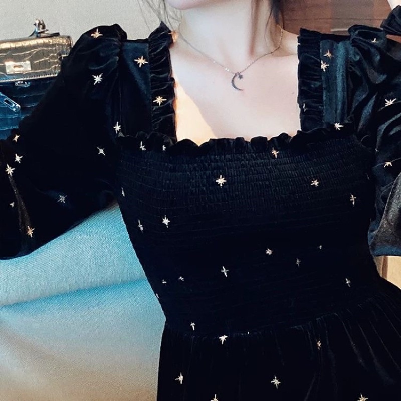 D29-32 Gaun panjang velvet bludru lengan panjang leher kotak / maxi dress square neck elegant