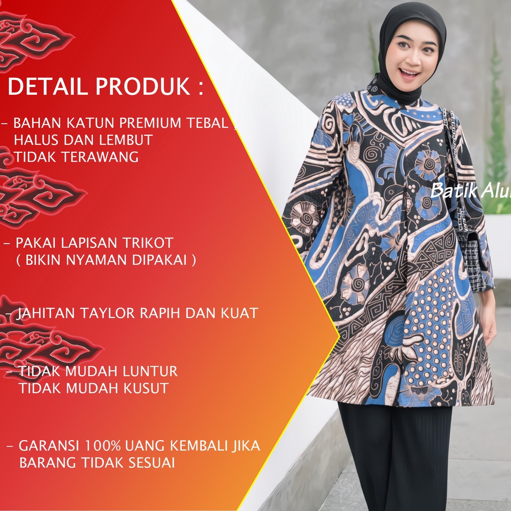 Atasan Batik Wanita Tunik Lengan Panjang Katun Lapis Trikot Premium Modern Original Model Resleting Belakang Batik Kerja Kantor Kondangan Size M L XL XXL 022