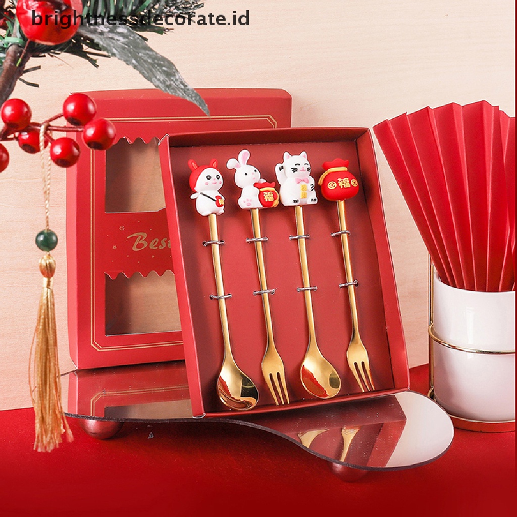 [Birth] Hadiah Imlek Alat Makan Sendok Kelinci Sendok Garpu Set Zodiak Dessert Spoon [ID]