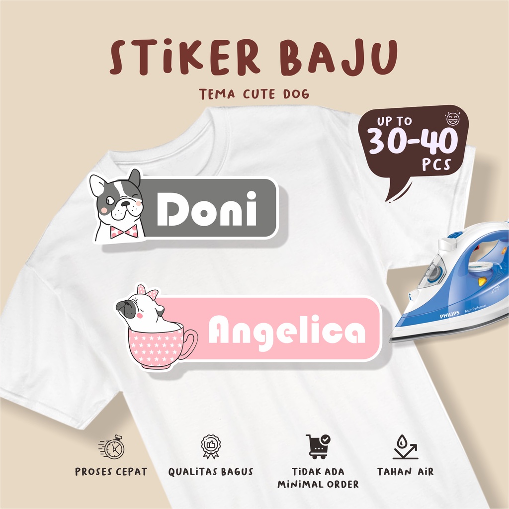 

(30-40 pcs) CUTE DOG stiker baju murah/bisa custom nama/sablon dtf