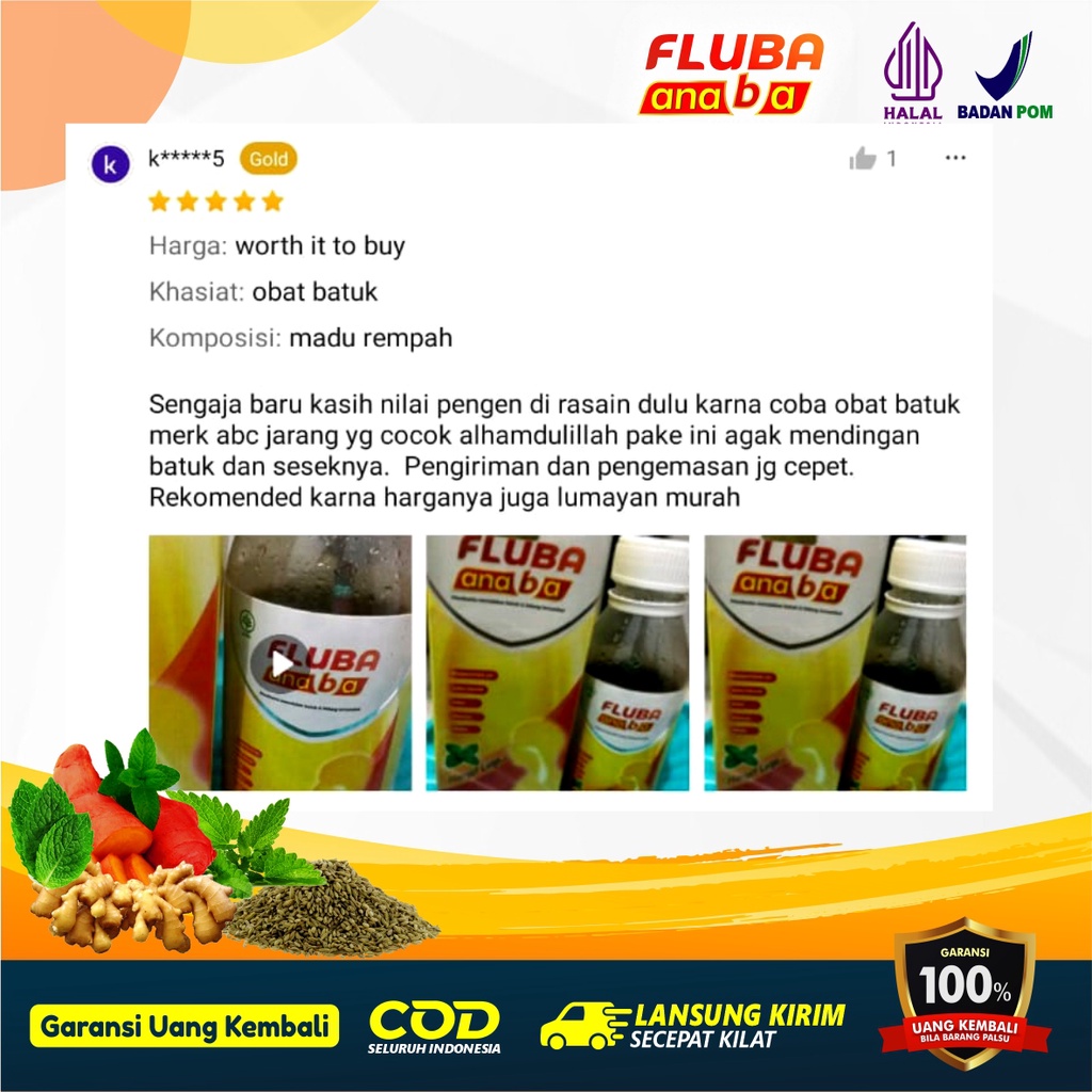 FLUBA ANABA - Madu Herbal Ampuh Atasi Batuk, Pilek, Amandel, Demam Dan Radang Tenggorokan | Madu Herbal Anak, Orang Dewasa Dan  Ibu Hamil | Original 100% BPOM Halal