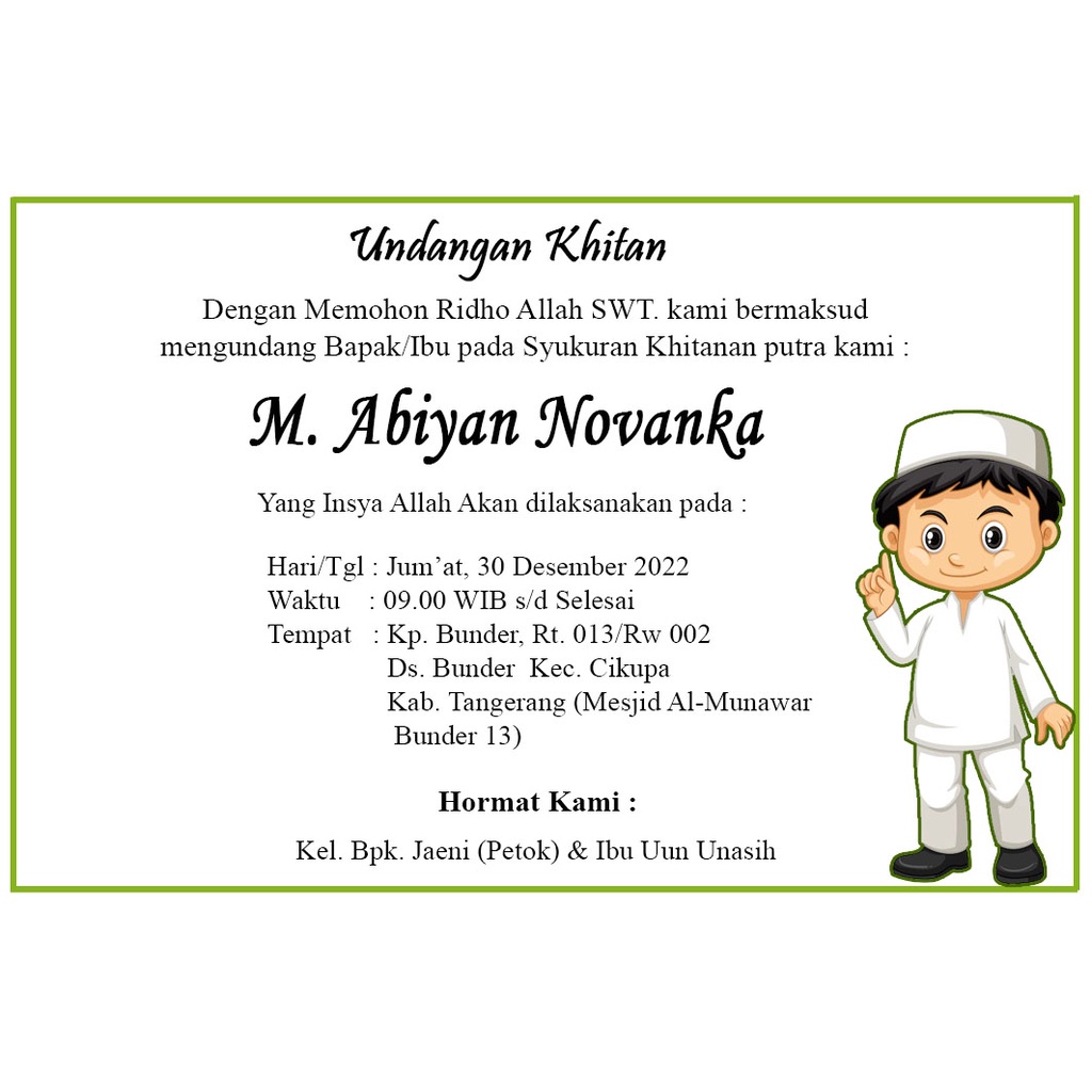 Jual Undangan Khitanan/Tasyakuran Khitan/Walimatul Khitan Mini Cetak ...