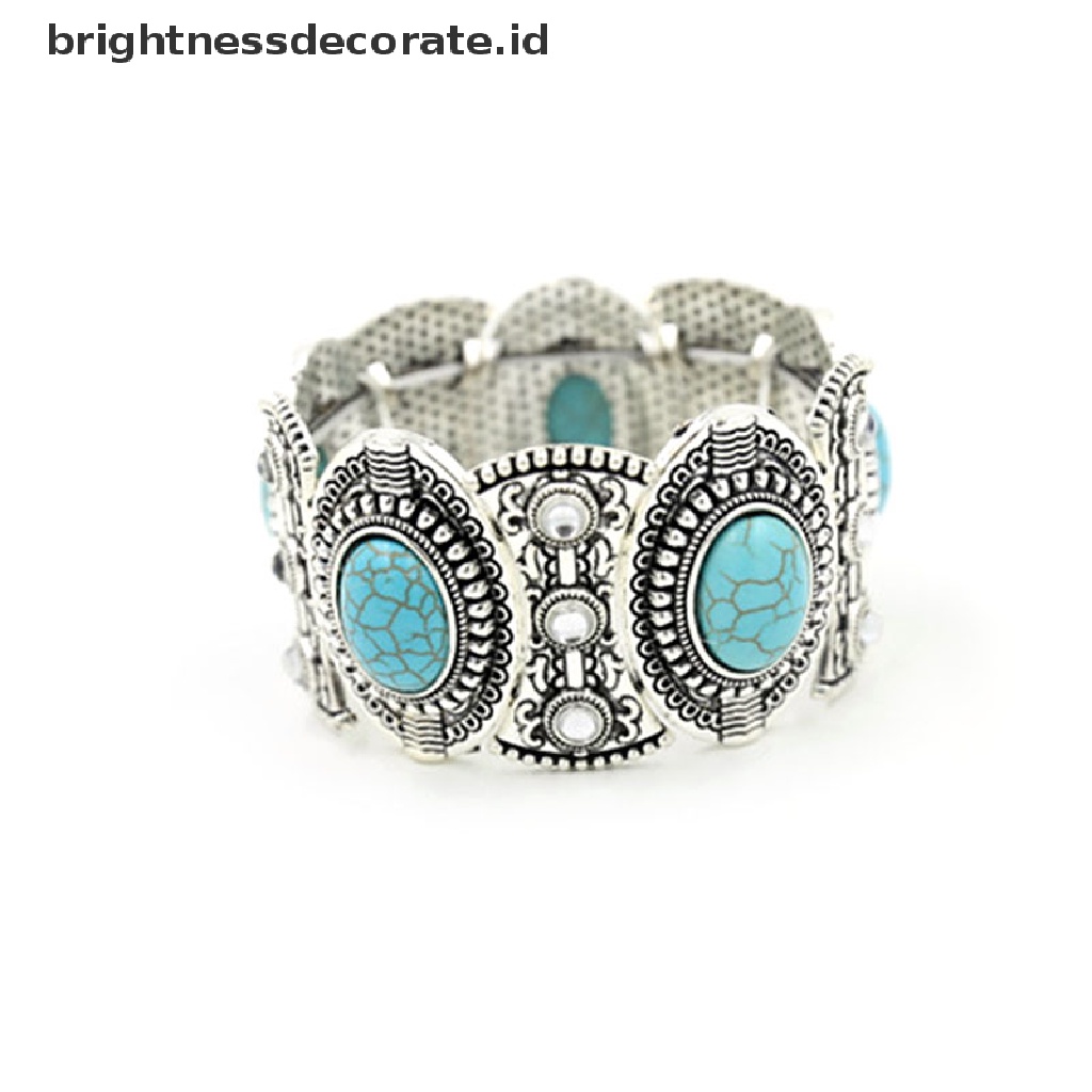 [Birth] Stylish Boho Womens Retro Vintage Natural Turquoise Tibet Perak Gelang Cuff [ID]