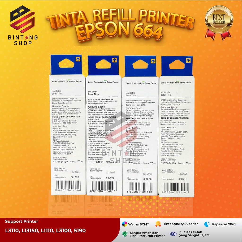 Tinta Epson 664 Tipe Printer L100 L110 L111 L120 L130 L200 L210 L211 L220 L222 L300 L310 L350 L353 L358 L360 L800 L805 L810 L850 L1300 L1800