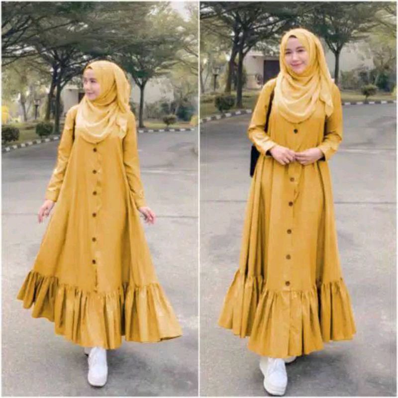 Dress Baju Gamis Long Maxy Maxi Syari Busui Wanita Perempuan Arab Muslim Renda Bawah Full Kancing Pe