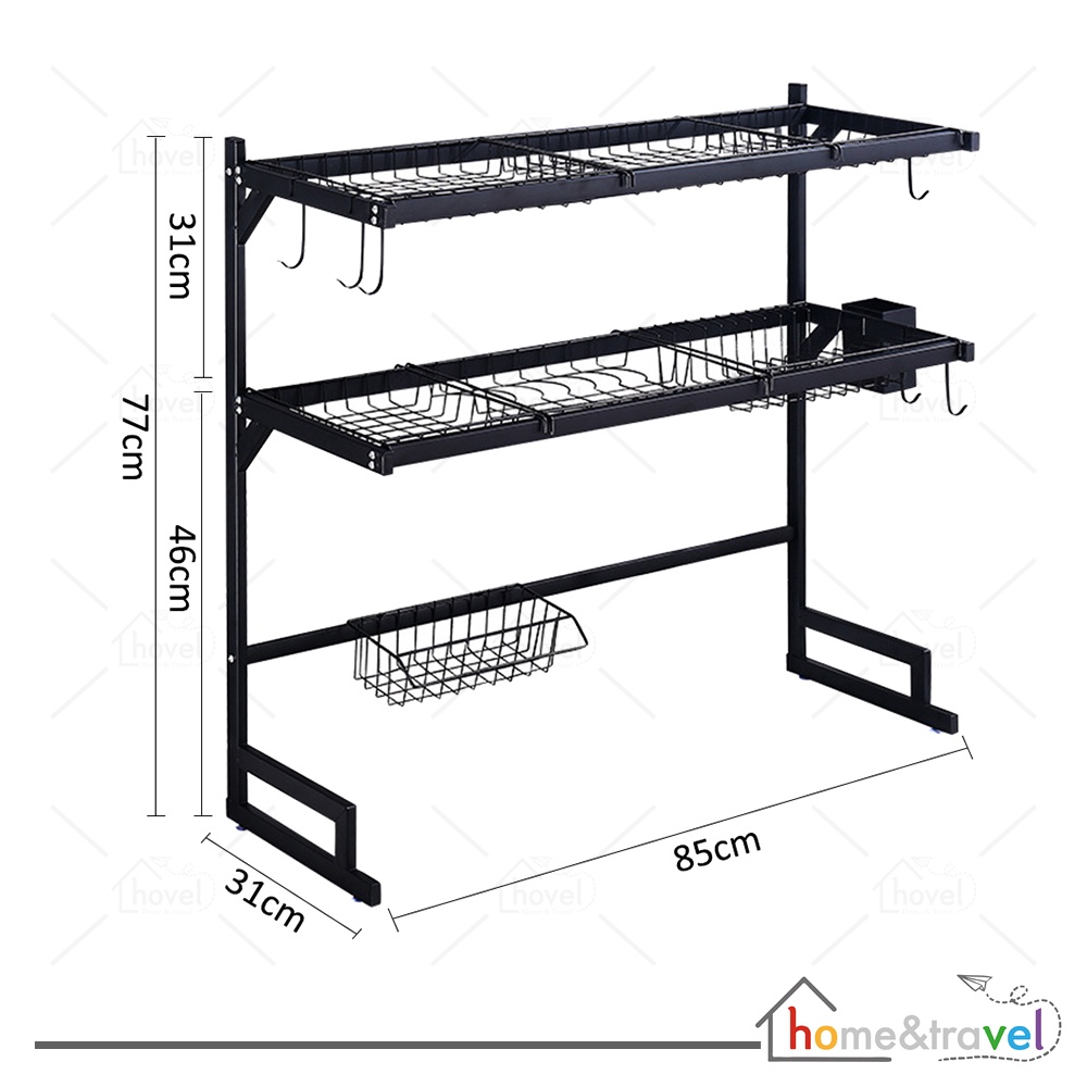 HOVELSHOP Rak Piring Dapur Wastafel Stainless Hitam Anti Karat Kuat 3 Susun 85 cm