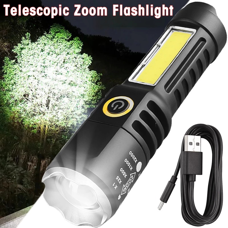 3mode Senter Silau Jarak Jauh Portabel Luar Ruangan Kualitas Tinggi ABS Senter LED USB Rechargeable Camping COB Emergency Torch Tahan Air Stretchable Zoom Side Light Torch