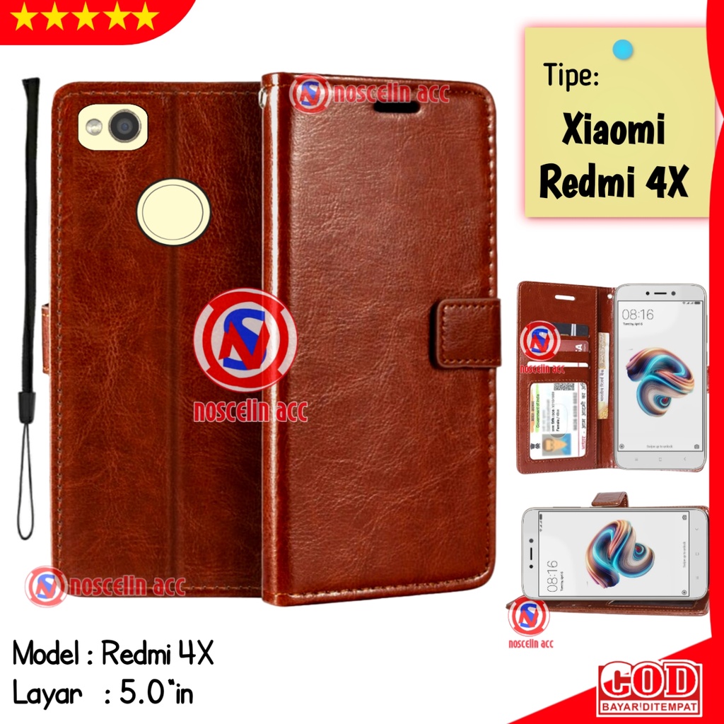 Flip Cover Wallet Xiaomi REDmi 4X Casing Headphone Hp - Sarung Dompet Kulit Premium Leather Case for