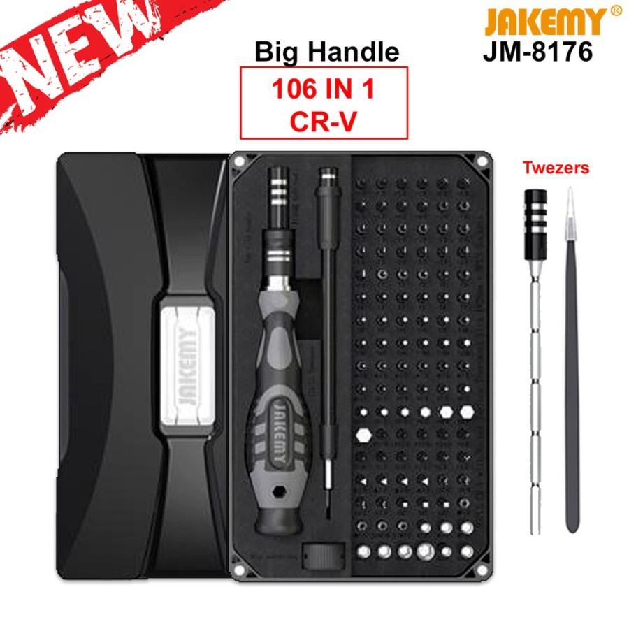 Screwdriver set tool jakemy 106in1 diy electronic with pinset tweezer magnetizer for hp laptop vga pc cpu tv jm-8176 - Obeng teknisi pro