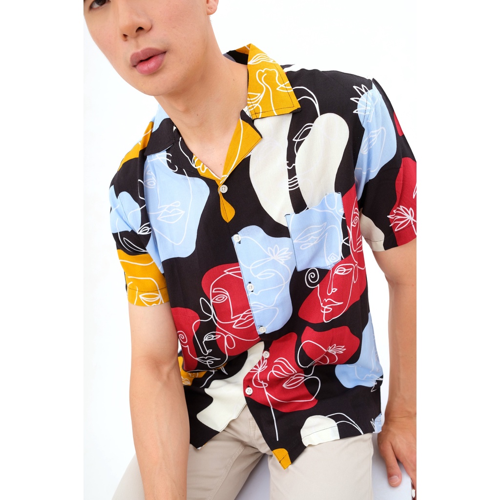 Kemeja Hawai Pria Baju Pantai Katun Rayon Hawaiian Bowling Shirt Motif Abstrak Lengan Pendek