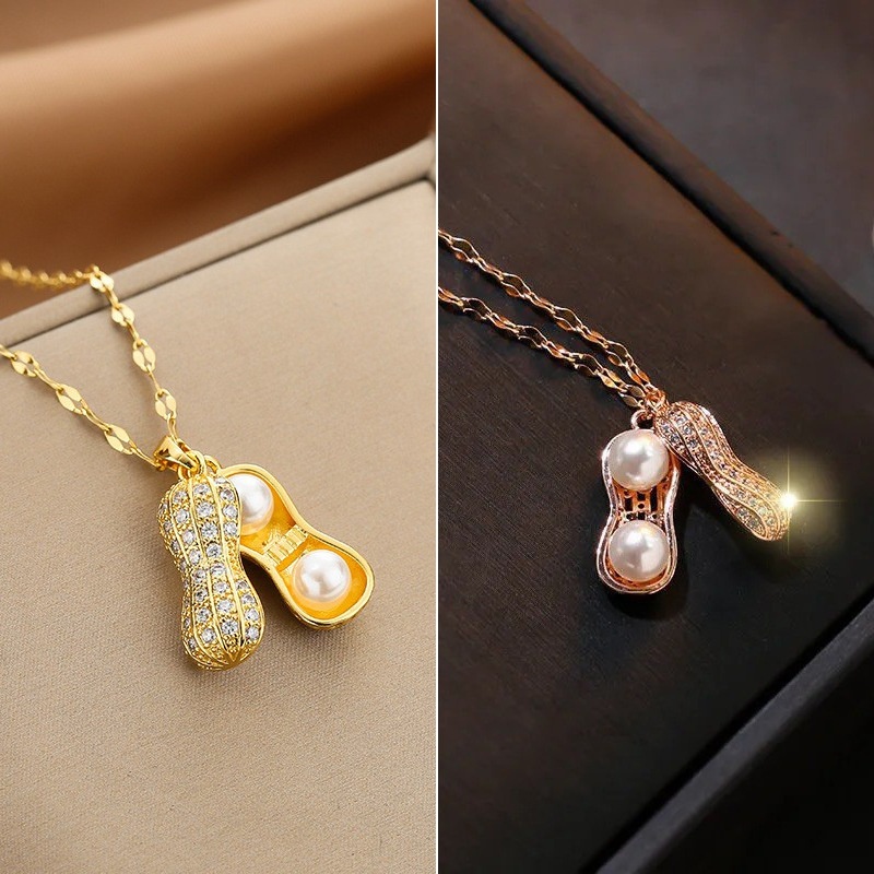[ Bayar Ditempat ] Kalung Wanita Titanium Rantai Rose Gold Liontin Kacang / Accesoies Wanita Kalung Titanium Anti Luntur / Kalung Rantai Wanita Liontin Kacang
