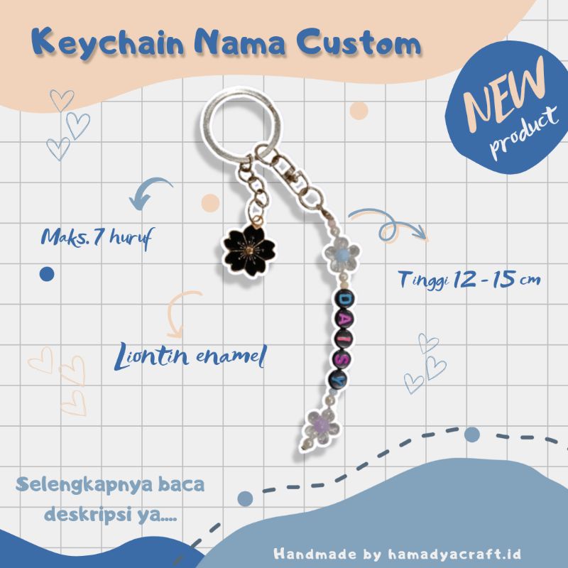 Gantungan kunci / Keychain Nama + Enamel Flower Custom