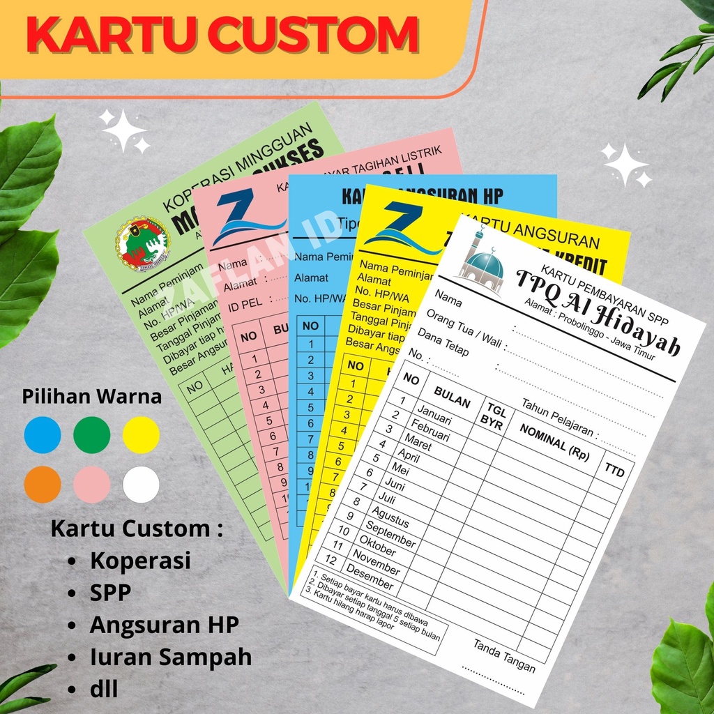 

KARTU CUSTOM | Kartu SPP, Kartu Koperasi, Kartu Iuran Sampah, Kartu Angsuran, Kartu Cicilan