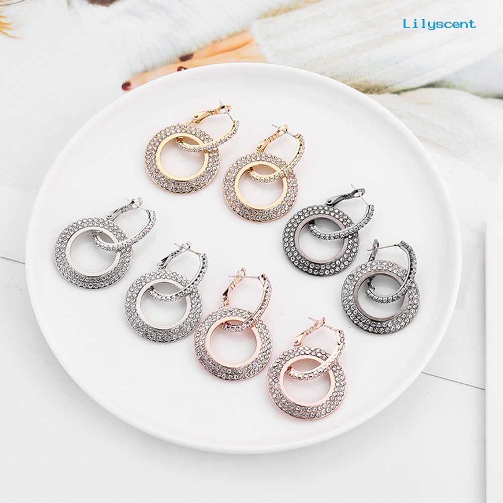 [LS] Wanita Fashion Berlian Imitasi Ganda Lingkaran Hoop Huggie Earrings Pesta Perhiasan Pesona