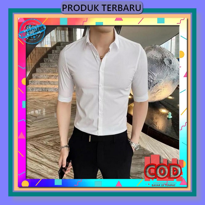 Gsl Kemeja Pria Lengan Panjang Motif Polos Salur Hitam Putih Katun Flanel Import Baju Atasan Cowok D