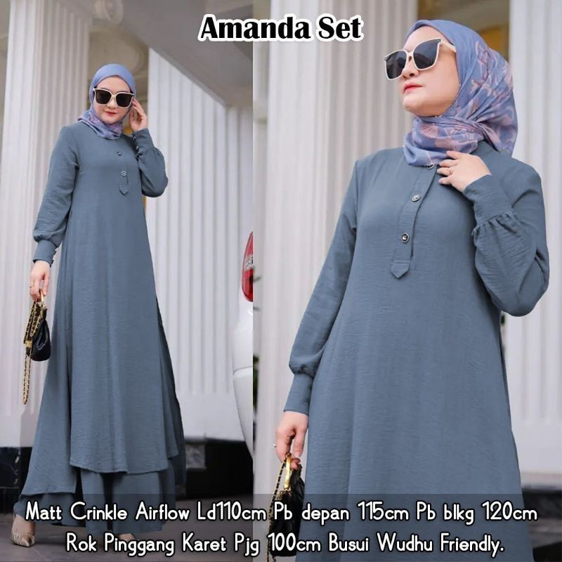 Baju Wanita Long Tunik Setelan Wanita Kekinian Fashion Muslim Amanda Set Rok Panjang One Set Crinkle Setelan Jumbo