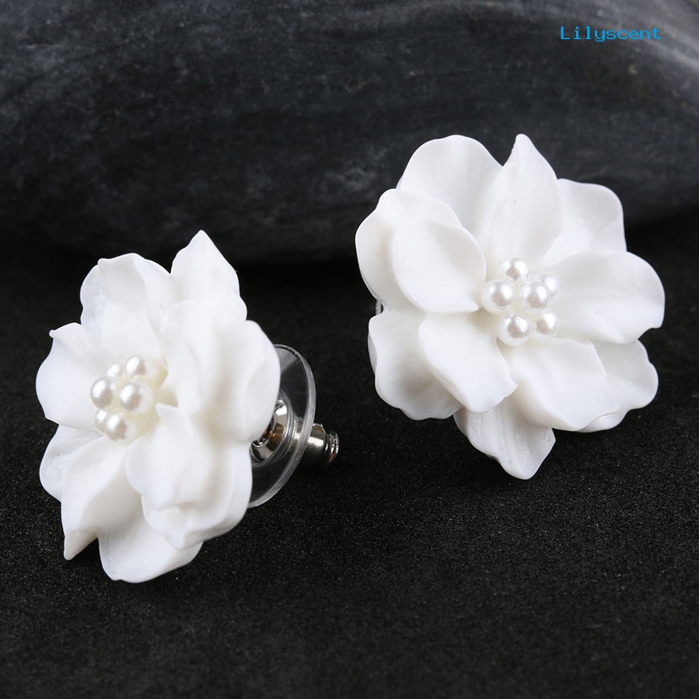 [LS] Elegan Resin Bunga Mutiara Imitasi Wanita Anting Ear Studs Perhiasan Pesta Pacaran