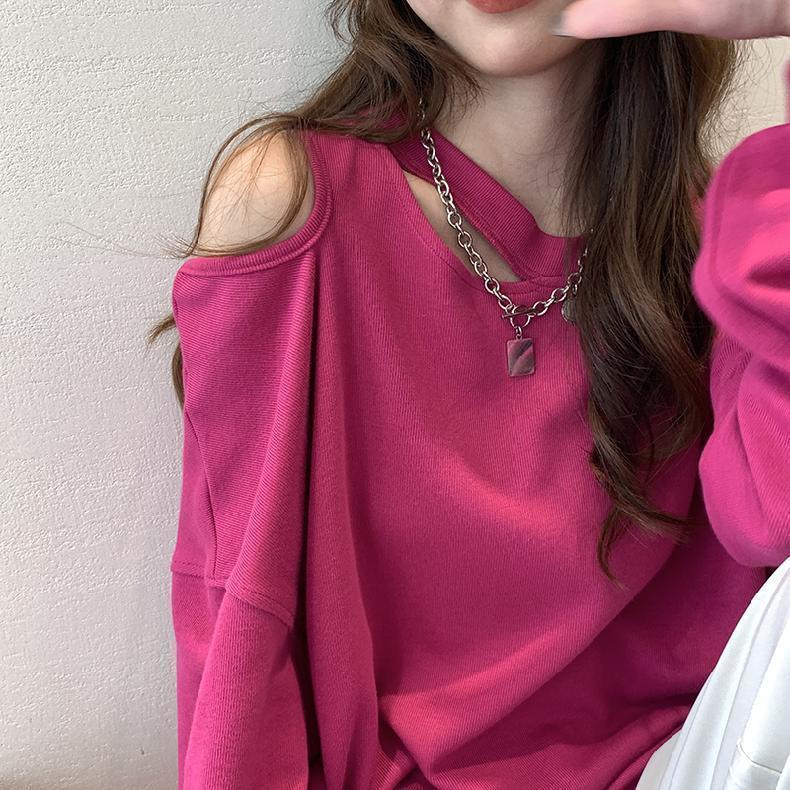 ✎❁✜Wu 77 buah naga warna mesin xin kecil off-the-shoulder lengan panjang sweater versi Korea longgar malas kasual top 2021 awal musim gugur