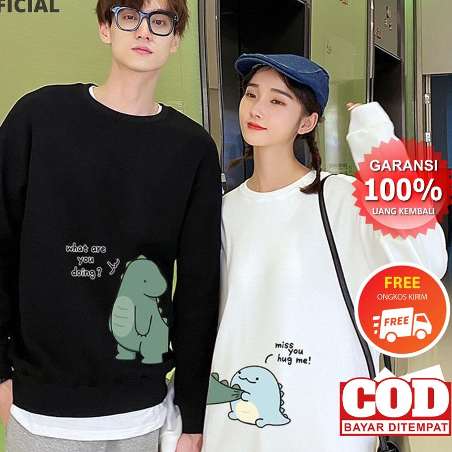 SIA263 Sweater Couple Pasangan Pria Wanita Switer Sweeter Sweter Couple Cople Desain Dino Warna Hita