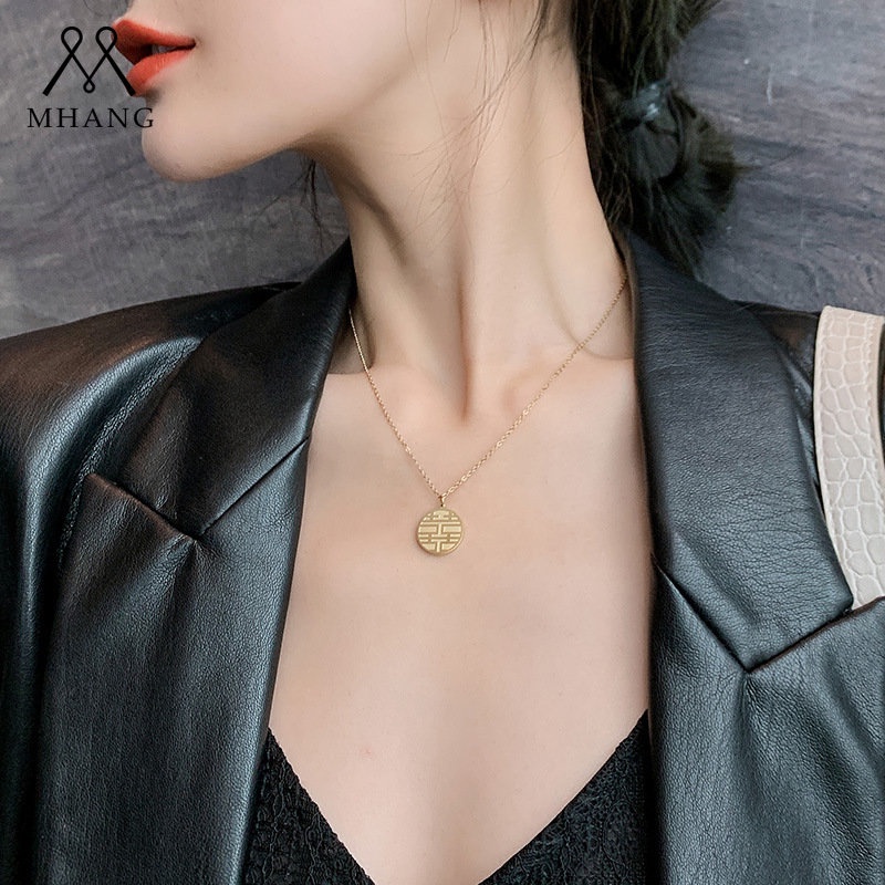 Kalung Dua Sisi Merek Kebahagiaan Gaya China Kalung Liontin Bulat Beruntung Korea