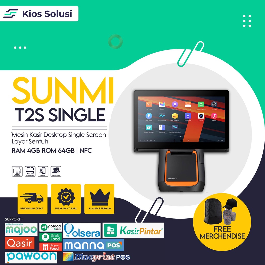 Mesin Kasir Desktop Printer Thermal Sunmi T2S Single Screen | RAM 4 ROM 64 GB