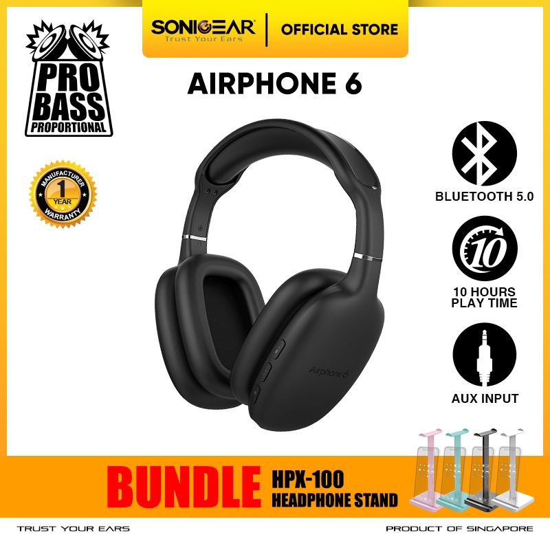 Headset Bluetooth Headphone Wireless SonicGear AirPhone 6 with Mic | Up to 10 Hours PlayTime Bundle 