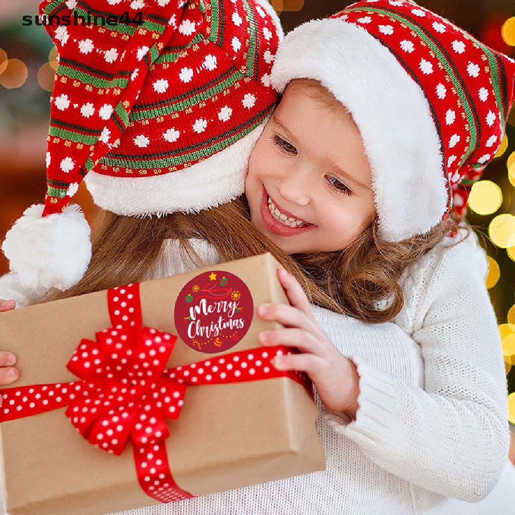 Sunshine 500Pcs Merry Christmas Stiker Label Multi-Warna Tag Natal Perekat Bulat Dekorasi Sticker Untuk Kartu Amplop Segel Xmas Gift Wrap Box Bag.