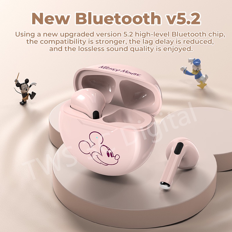 Disney TWS Headset Bluetooth 5.2 Kartun Mini Wireless Pro4 Earphone HIFI Musik 100% Ori Dengan Mikrofon