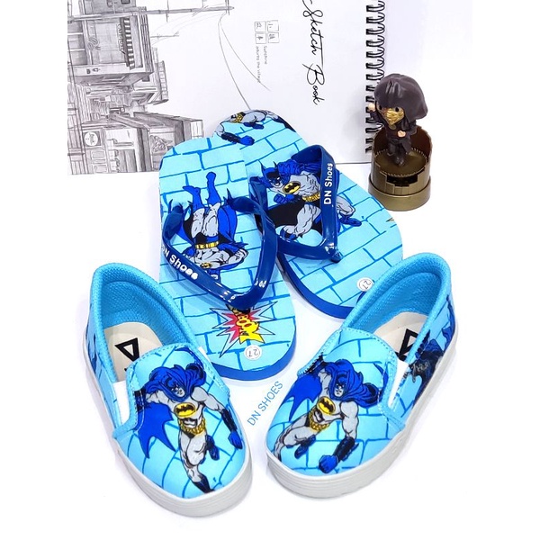 Paket Sepatu Anak Sandal Jepit Anak Paket Slip On Sandal Flat Anak Laki Laki Keren Karakter Batman Biru Lucu