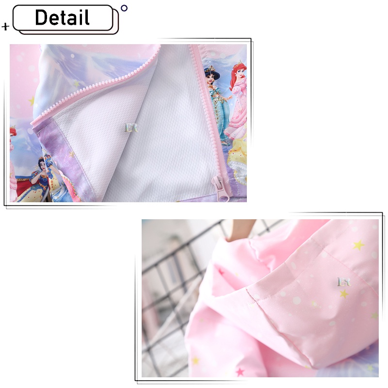 LNR Shop Jaket Anak Perempuan Dengan Topi Motif Frozen Elsa Unicorn Princess Snow White Cinderella Aurora Belle Putri Jasmine Ariel Kuda Poni Musim Semi Bahan Parasut Lembut Sweater Bertudung Kuda Poni